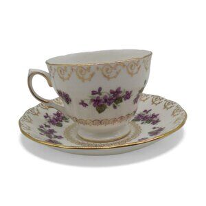 COLCLOUGH Teacup and Saucer Set Violet Pattern with Gold Trim England Vintage